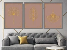 Set of 3 Prints- ART Deco Leaves Pink Gold Effect Line Print Wall Poster Gift 1