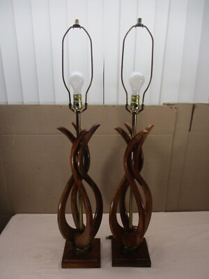 2- Vintage Adrian Pearsall Danish Modern Sculpted Teak Wood 3-Way Table  Lamps