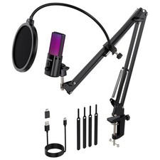 Gaming USB Microphone, RGB Condenser mic with Mute, Gain, Monitoring, Boom Ar...
