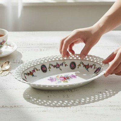 Schumann Bavaria Eleanor Oval Serving Bowl Pierced Lattice Rim Floral Porcelain