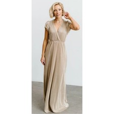 See And Be Seen Metallic Pleat Maxi Dress Womens Small Short Sleeve Gown Gold
