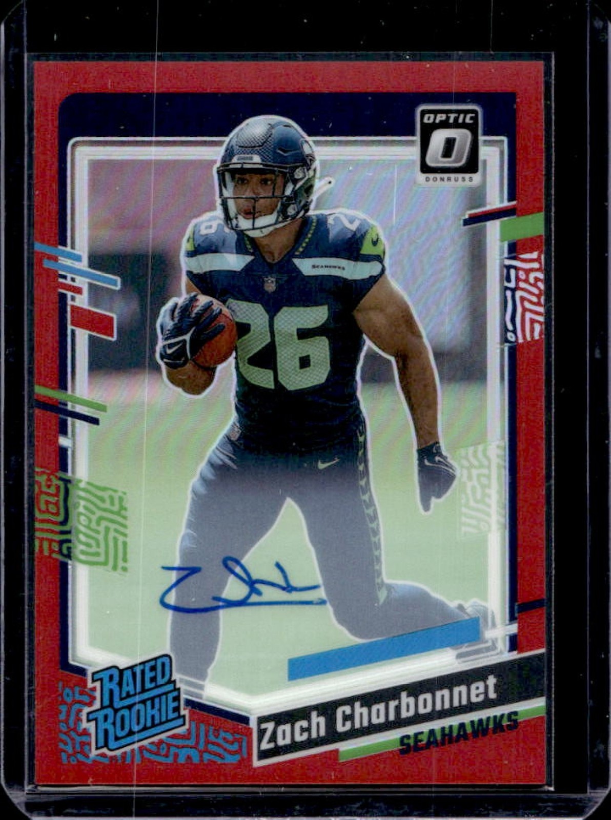 2023 Donruss Optic Zach Charbonnet Rated Rookie RPS Auto Red #60/75 Seahawks