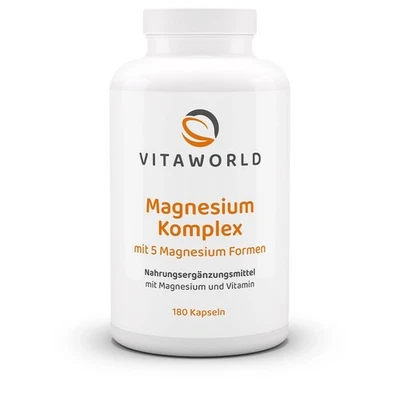 Vitaworld Magnesium Komplex | 180 Kapseln | 5 Magnesiumformen | mit Vitamin B6