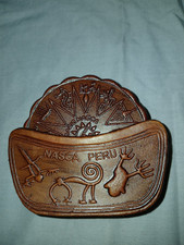 Vintage Nasca Peru Hand Tooled Leather Peruvian Coasters and Holder - set of 6