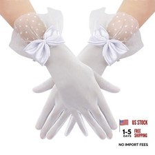 Women Short Lace Gloves, Polka Dot Mesh Tulle Sheer Gloves with One Size White