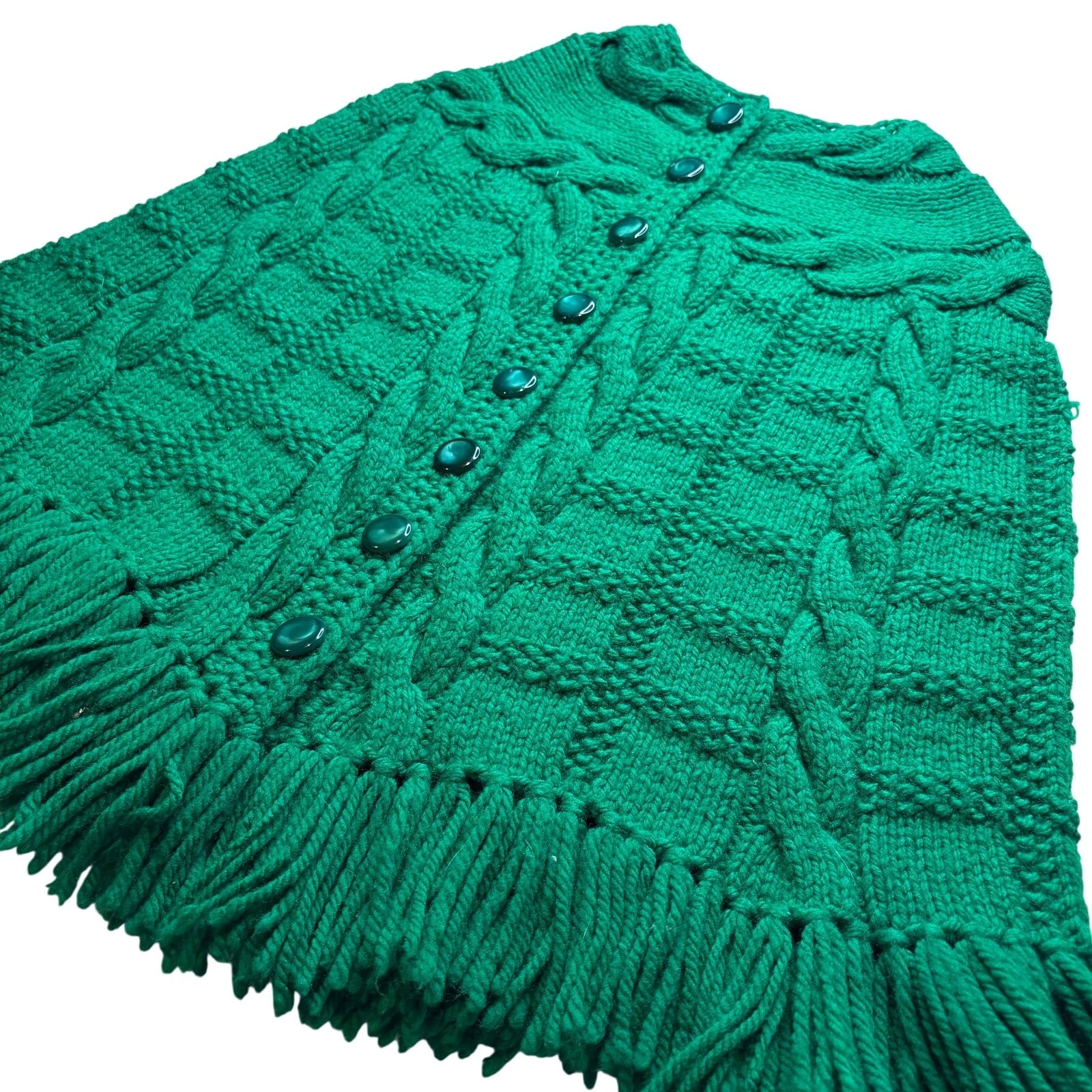 Green Hand Knitted Button-Front Poncho Cape Cable Knit Fringe