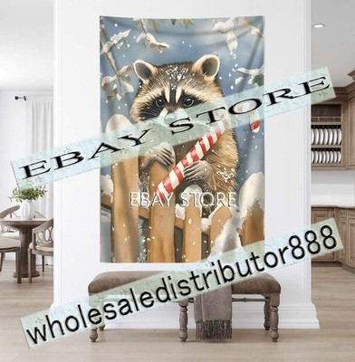 Raccoon Candy Cane Tapestry Cute Holiday Animal adorable christmas  59X82 in