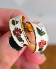 Enamel Hoop Earrings Gold Tone Push Back Floral Leaves Butterfly
