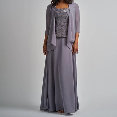 Elegant A-Line Mother of the Bride Gown with Jacket Chiffon Boat Neck Dress Midi