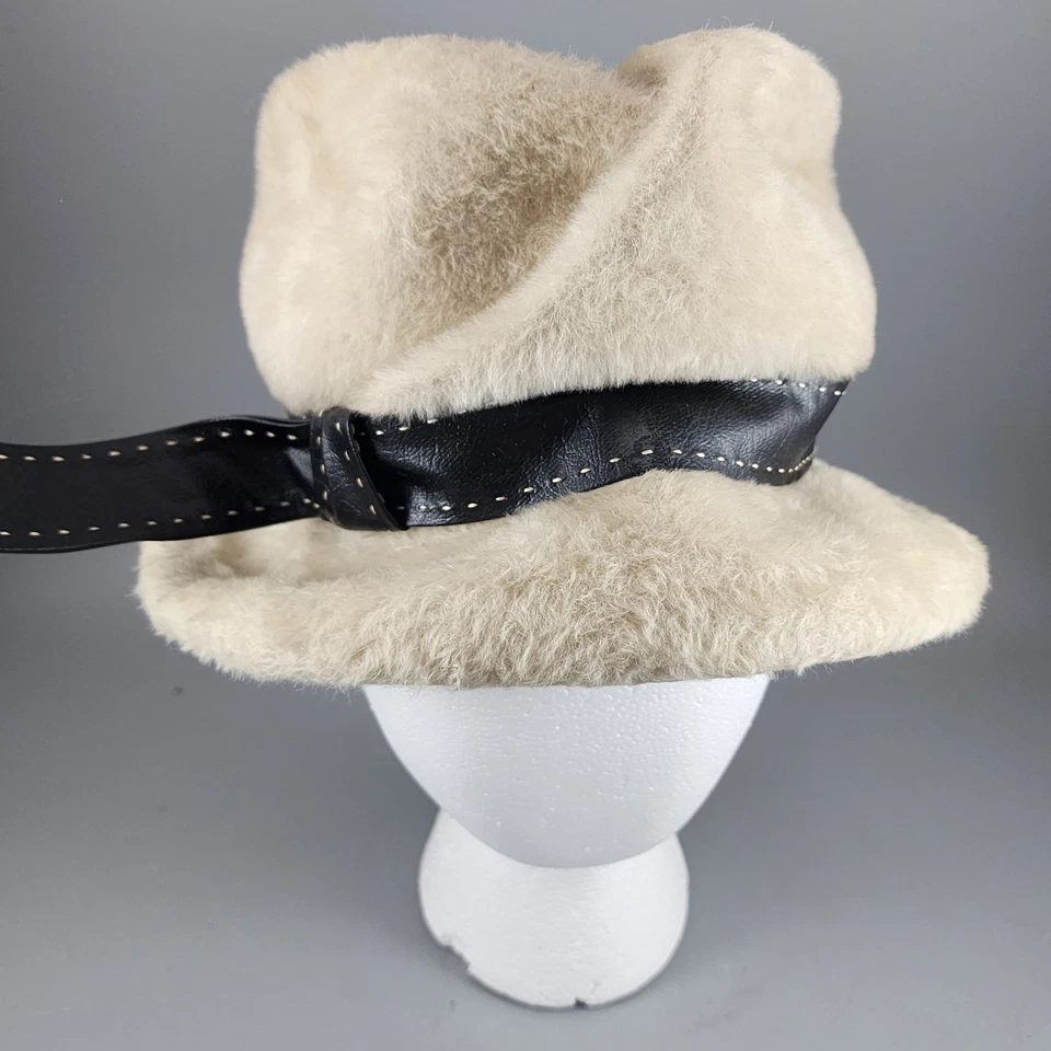 Sombrero estilo pastillero de piel de Marche vintage con borde y banda de cuero - Mod años 60 beige Foto 2 de 4