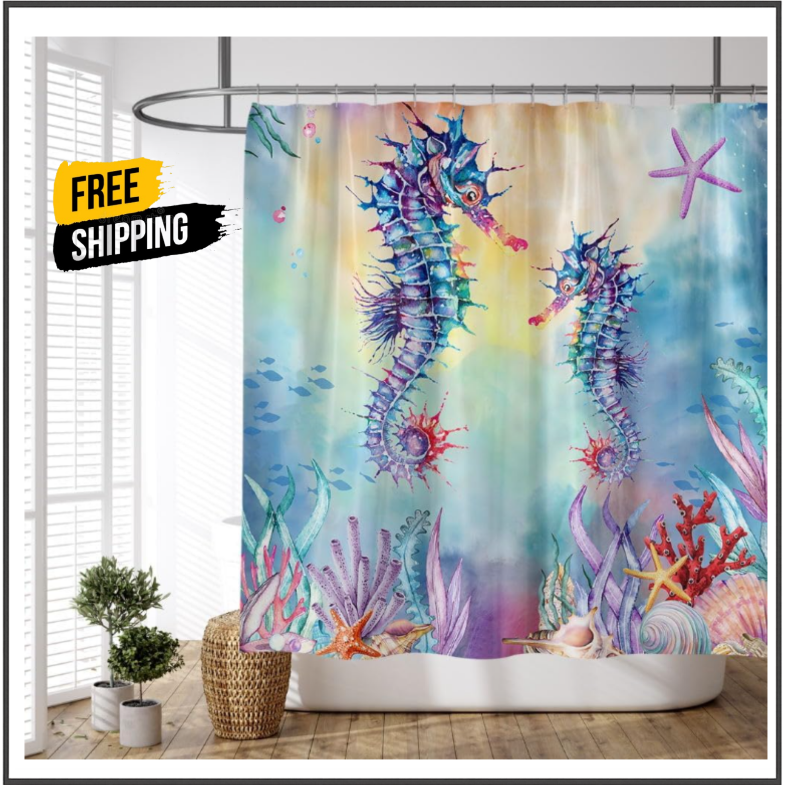 Seahorse Shower Curtain Nautical Ocean Beach Theme Watercolor Underwater Starfis
