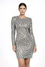 Valentine Black Silver Sequin Bodycon Dress Women’s S Long Sleeve Knee Length