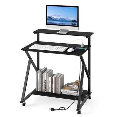 Rolling Computer Desk, 32  Laptop Desk with Charging Station & Monitor Shelf