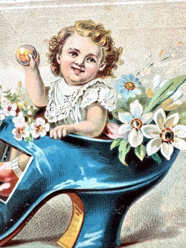Victorian Trade Card Advertising Menier Chocolate Cute Girl In Blue Shoe - Picture 3 of 20