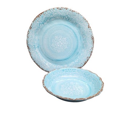 Cynthia Rowley Large Blue Melamine Serving Platter & Bowl Set Floral Farmhouse