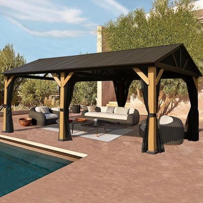 Cedar Wood Gazebo 12x20 Galvanized Steel Roof Sidewalls Curtains 240 Sq Ft