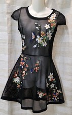 Guess Lyana Mesh Dress Women's Size XS Black Floral Embroidered Fit & Flare