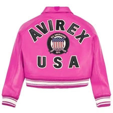 Avirex Women Pink Cow Leather Jacket American Flight Bomber Jacket Style