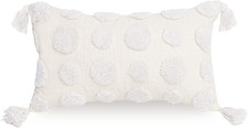 Boho White Lumbar Throw Pillow Cover 12x20 Inch with Tassels, Pom Pom Tufted Cre