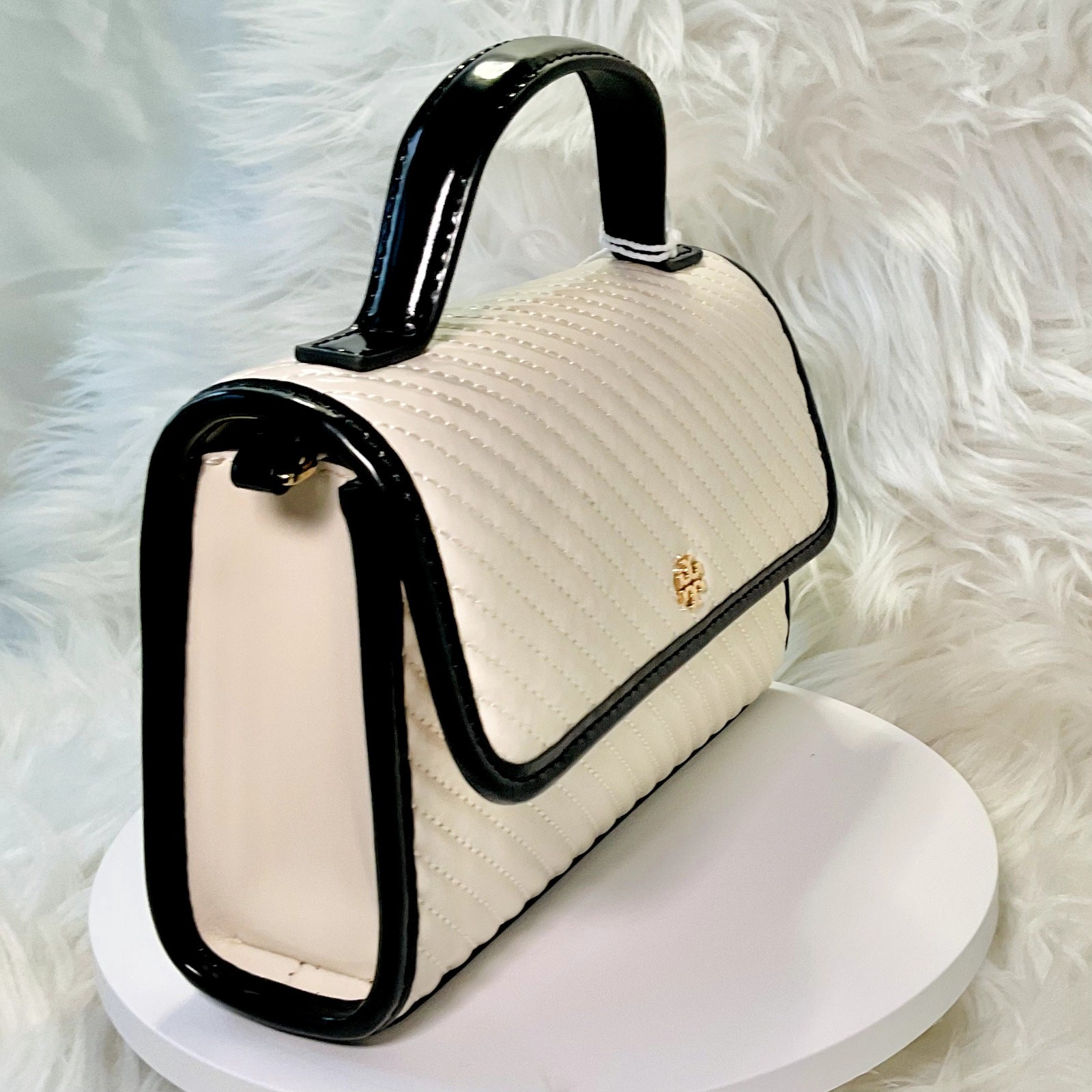 NEW $600 Tory Burch Emerson Quilted Patent Cream Ivory Mini Top Handle Crossbody thumbnail 5