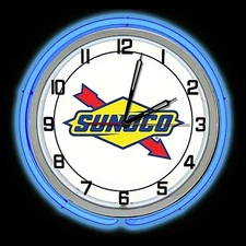 19" Sunoco Oil Sign Double Blue Neon Clock Gasoline Gas Man Cave Garage