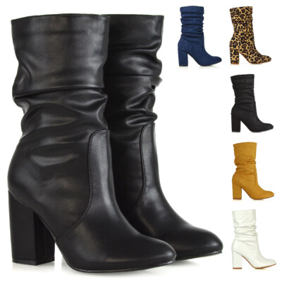 Womens Ruched High Block Heel Boots Ladies Ankle Mid Calf Almond Toe  Booties 3-8 UK