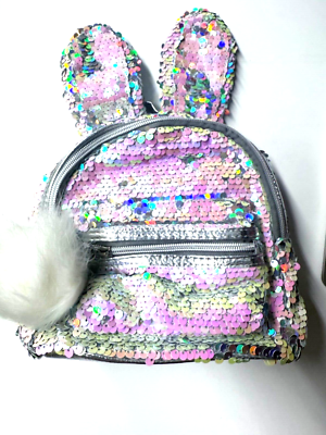 bunny flip sequin mini backpack Justice Bunny Flip Sequin Mini Backpack Silver & Iridescent Sequin Bunny  Ear NWT
