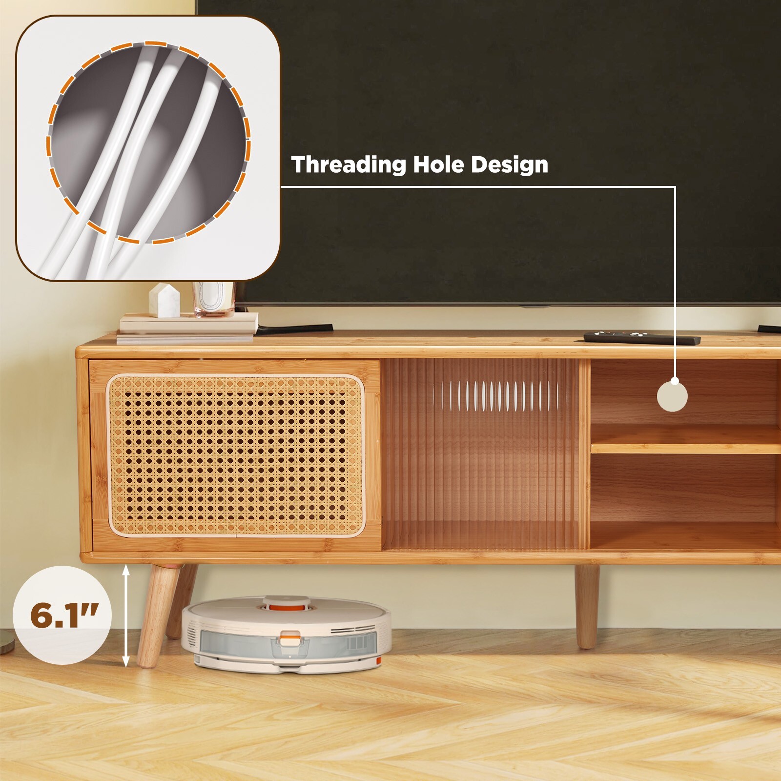 Danrelax Mid-Century Modern TV Stand, 55 Inch Rattan Media Console