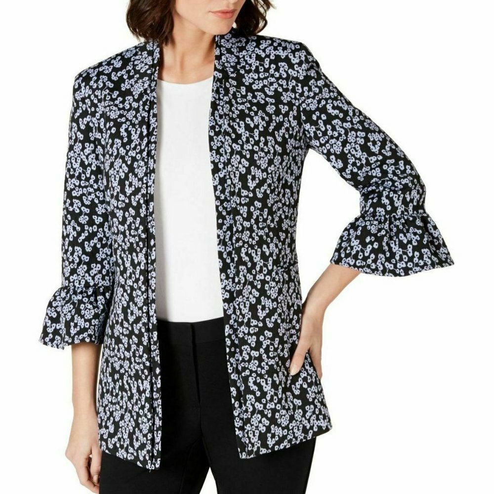 Blue Nine West Black Ruffled Bell Sleeve Floral Jacket sz