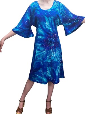 Vtg 70s Sz S~M Angel Wing Dress BARKCLOTH Weave Two Potato Boho Blue Psychedelic