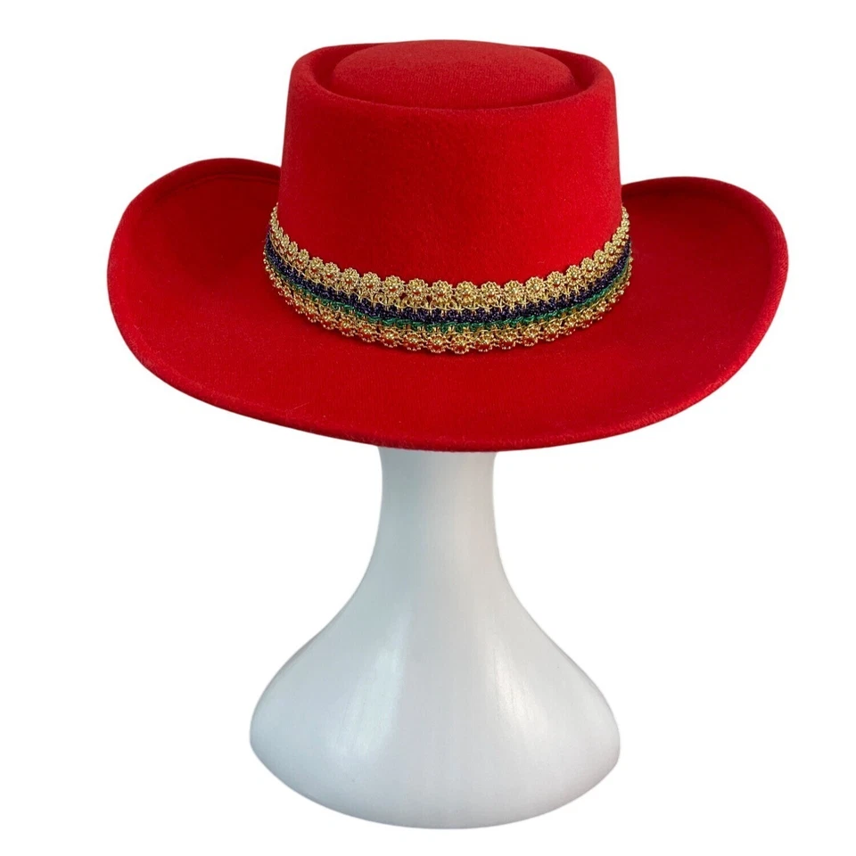 J.R. Palacios Red Felt Cowboy Hat With Sequin Mardi Gras Mask & Gold Trim - Image 4 of 4