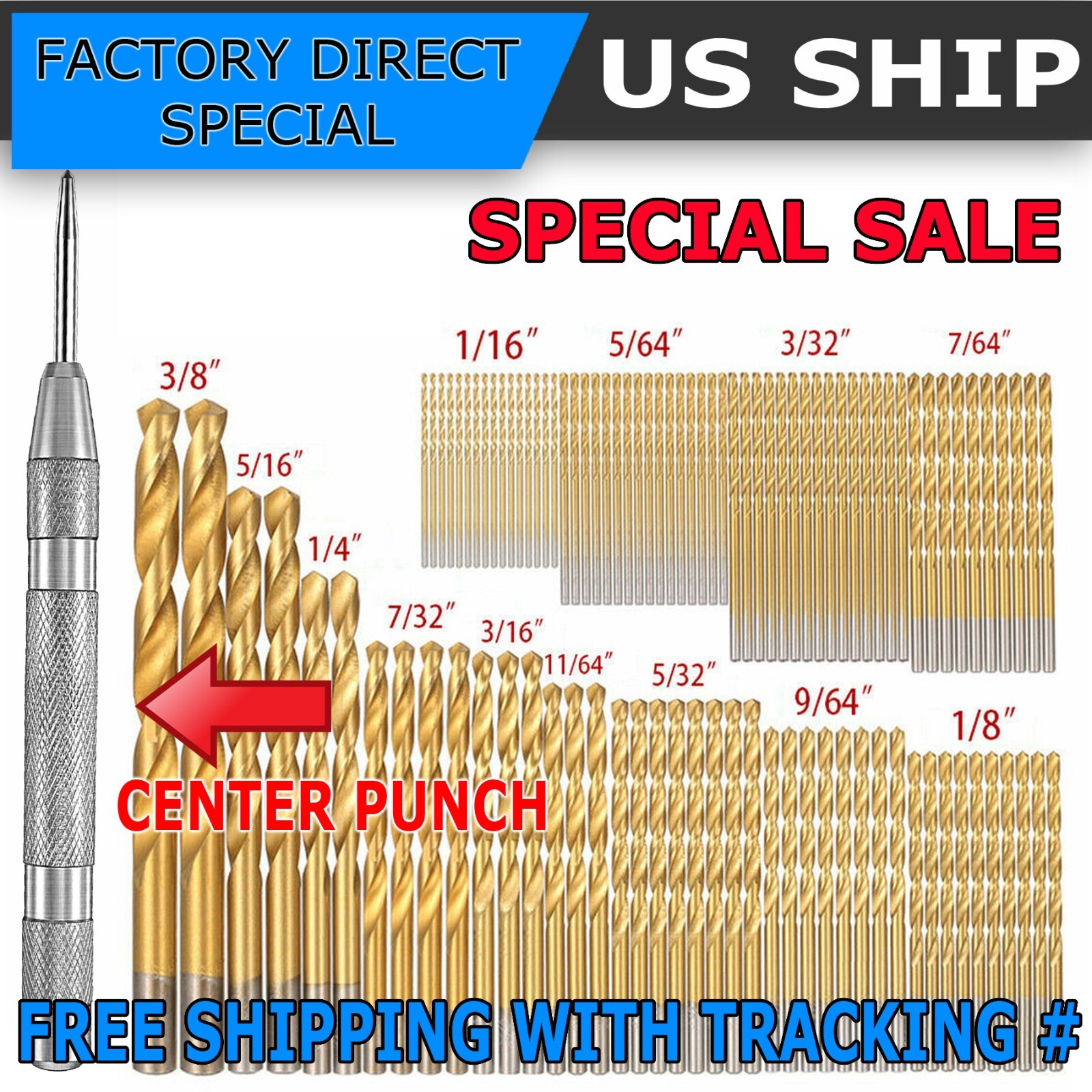 100PCS Drill Bit Set 1/16"-3/8" HSS Titanium Multi Drill Bit