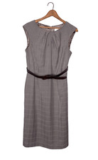 Dressbarn 10 Brown Taupe Glen Check Plaid Belted Pleated Neckline Sheath Dress