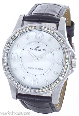 Anne Klein Crystal Black Leather Strap Mother-of-pearl Dial Anne Klein 12/7743BMTT Women main image 3