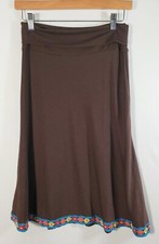A-line jersey stretchy knee length skirt, brown w/lace decor, size S made in USA