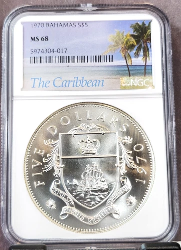 1970 BAHAMAS SILVER 5 DOLLARS COAT OF ARMS NGC MS 68 RARE HIGH GRADE GEM