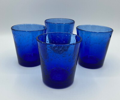 Cobalt blue bubble-glass, handmade rocks/juice glasses, set of 4, vintage 