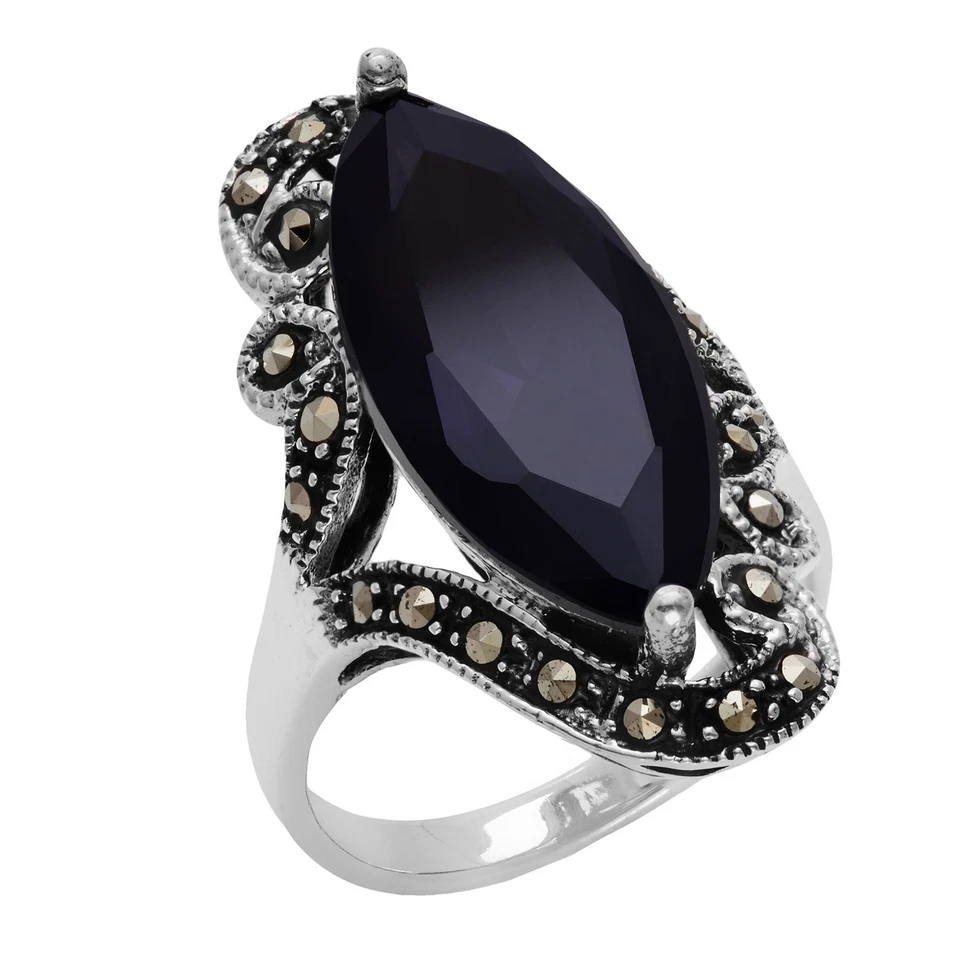 Silverly Anello Argento 925 Solitario Zircone Nero Ovale Multi Marcasite - Immagine 2 di 4