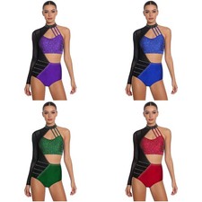 Womens Jumpsuit Rhinestone Bodysuit Mesh Leotard Tango Dancewear Asymmetrical