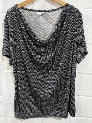 Jaclyn Smith Collection 1X Black White Chevron Cowl Neck Stretch Top Plus Size