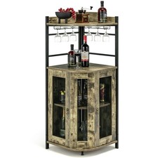 Industrial Wine Buffet Cabinet Corner Bar Cabinet with Glass Holder Mesh Doors