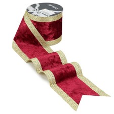 4" Burgundy Christmas Crushed Velvet Wired Ribbon with Gold Glitter Stripe Ed...