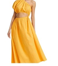 FARM Rio One-Shoulder Open-Waist Midi Dress Small Yellow Linen Blend Vacation