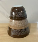 Pyrex Mixing Bowls 3 Set ‘Woodland ‘ Pattern White on Brown/Beige 404, 403, 402