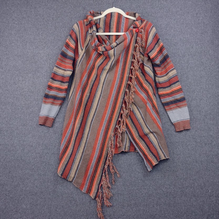 Sweater Womens S/M Multicolor Stripe Boho Fringe Wrap Western Long Sleeve-image