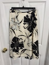 Talbots Petites Vintage 100 Silk Floral Midi Skirt Ivory Black Lined Size 6