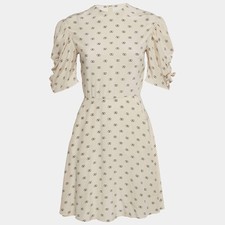 Valentino Cream Logo Print Silk Gathered Sleeve Mini Dress S