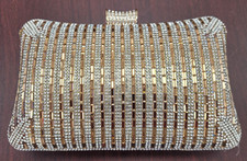 Gold Lame Fashion Satin Rhinestone Clutch Evening Bag with Chain Strip