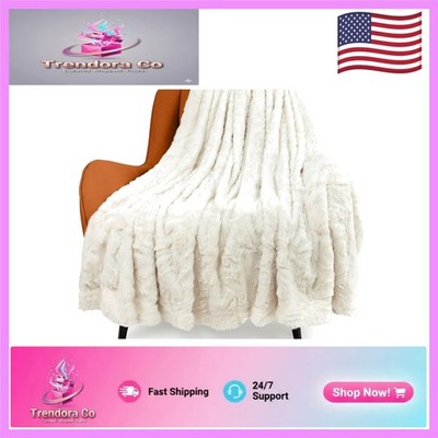 Luxury Faux Fur Throw Blanket - Double-Sided Fluffy Warmth in Cream, 67''L x 59''W