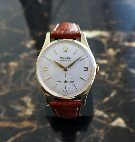 A BEAUTIFUL VINTAGE 9ct GOLD 1965 MID-SIZE ROLEX PRECISION WRISTWATCH IN 9K GOLD